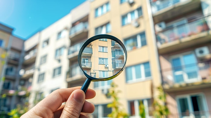 Mehrfamilienhaus bewertend durch eine Lupe angeschaut